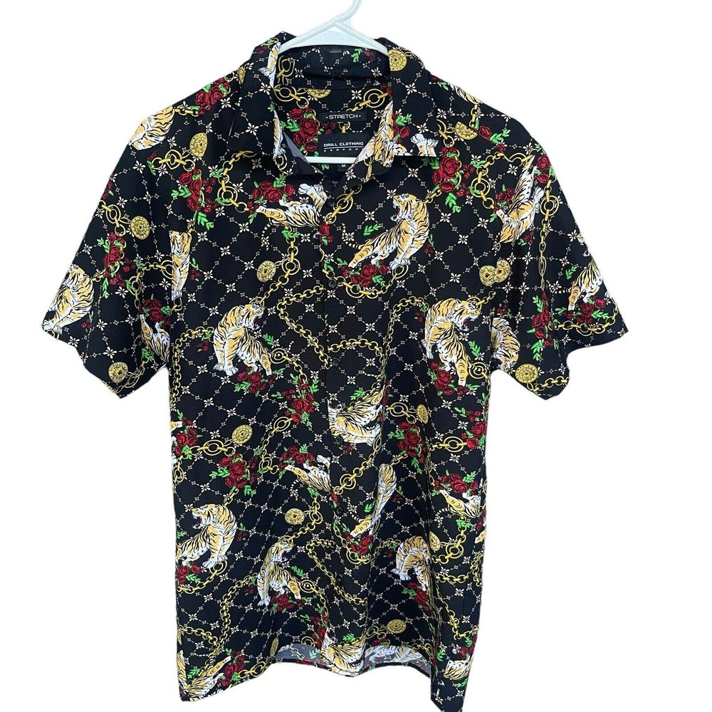 Drill Clothing Shirt Mens Medium Black Button Up Chain Print Tiger Roses Stretch